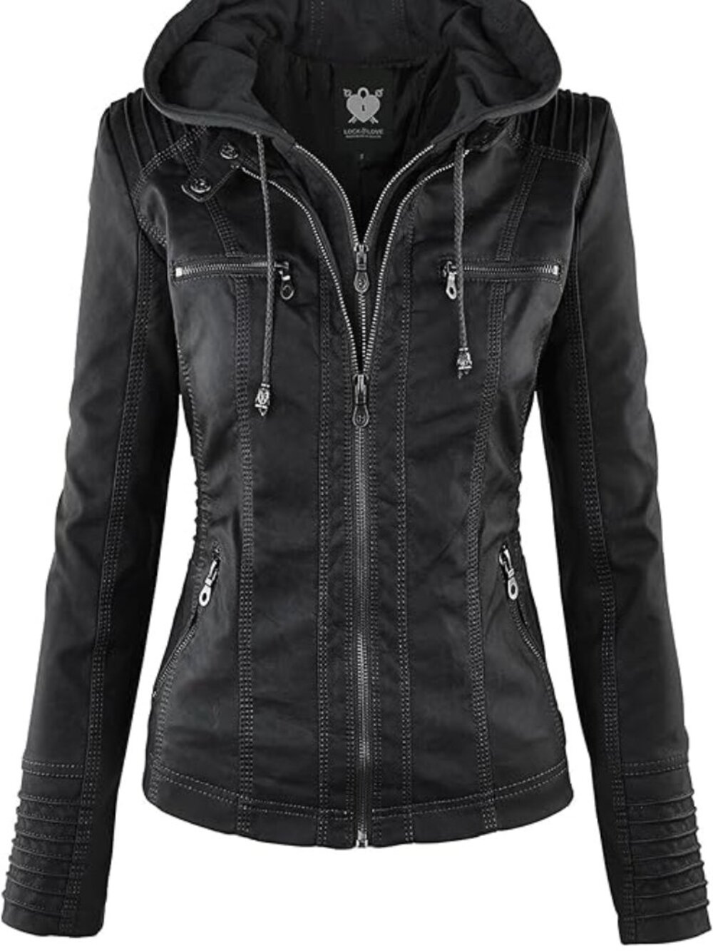 Vegan Leather Moto Style Jacket with Removable Hood and Lining